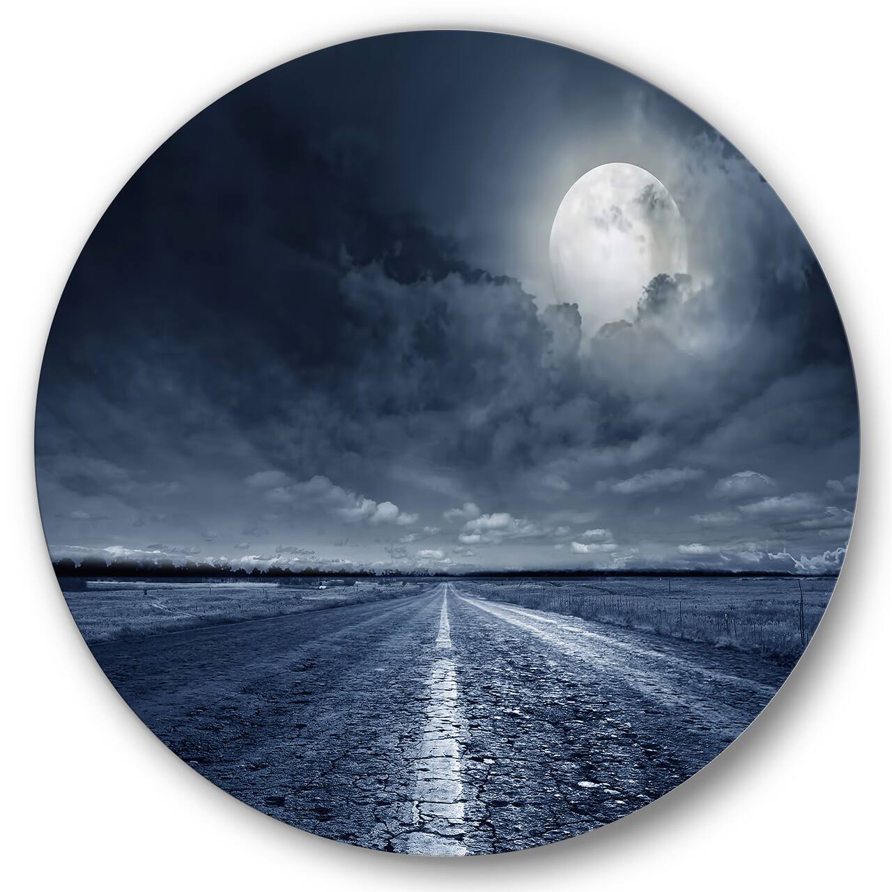 Designart - Asphalt Road Under Cloudy Full Moon I - Nautical & Coastal Metal Circle Wall Art
